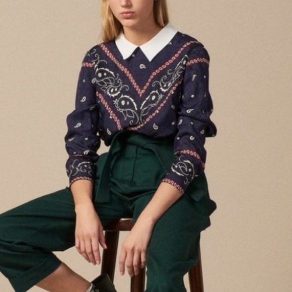 Sandro Papillon navy blue western bandana print top - Picture 1 of 10